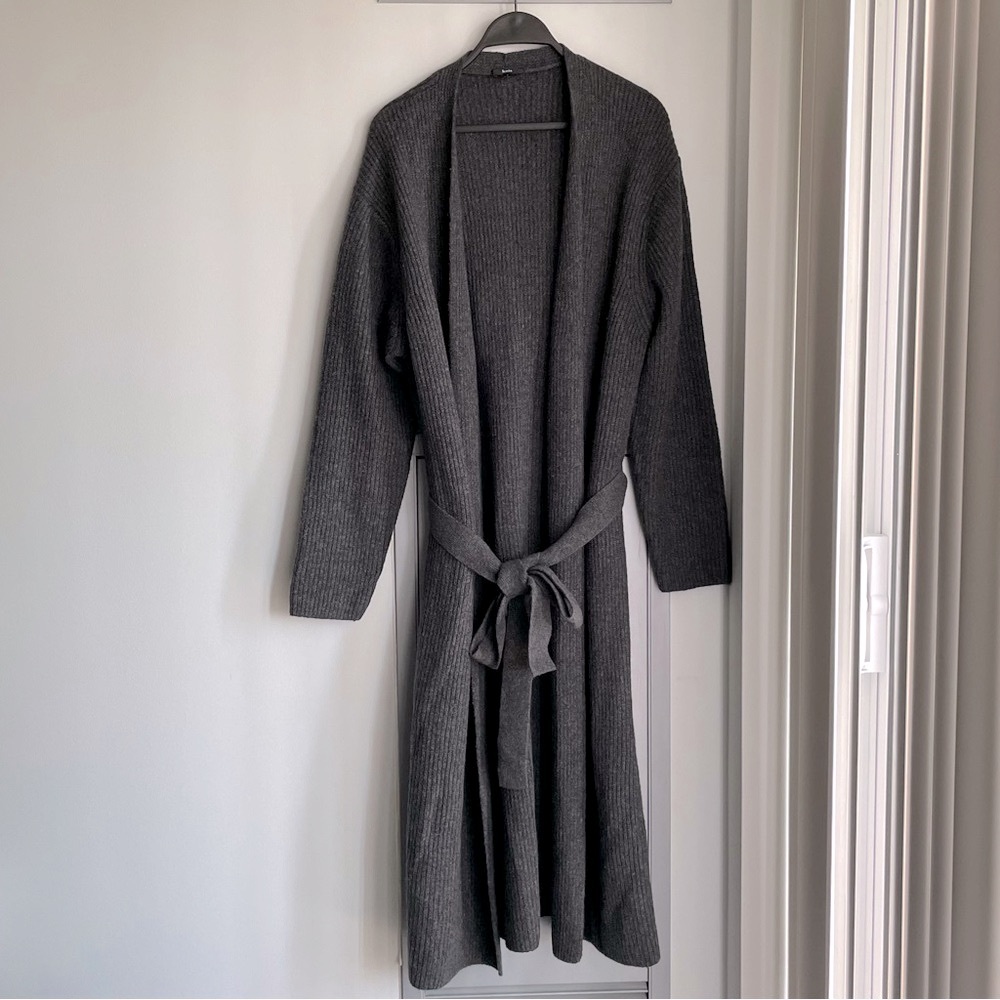 KNIX Charcoal Rib Knit Open Front Cotton & Wool Blend Long Cardigan Duster